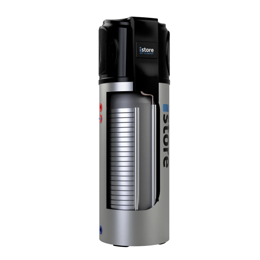 iStore manufacturer cutaway showing the tank and wrapped heat-transfer coil